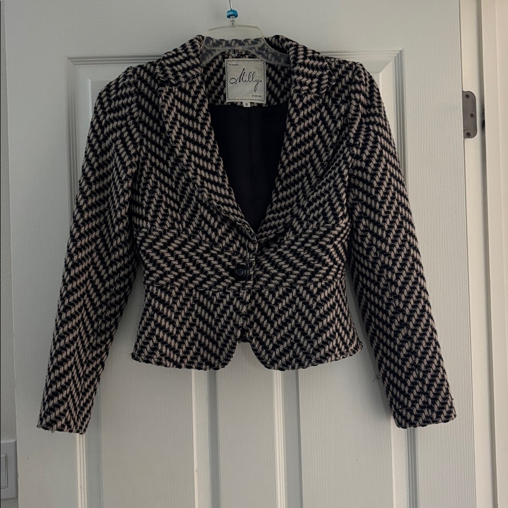 Milly Black and Cream Textured 100% Virgin Wool Blazer Sz 6